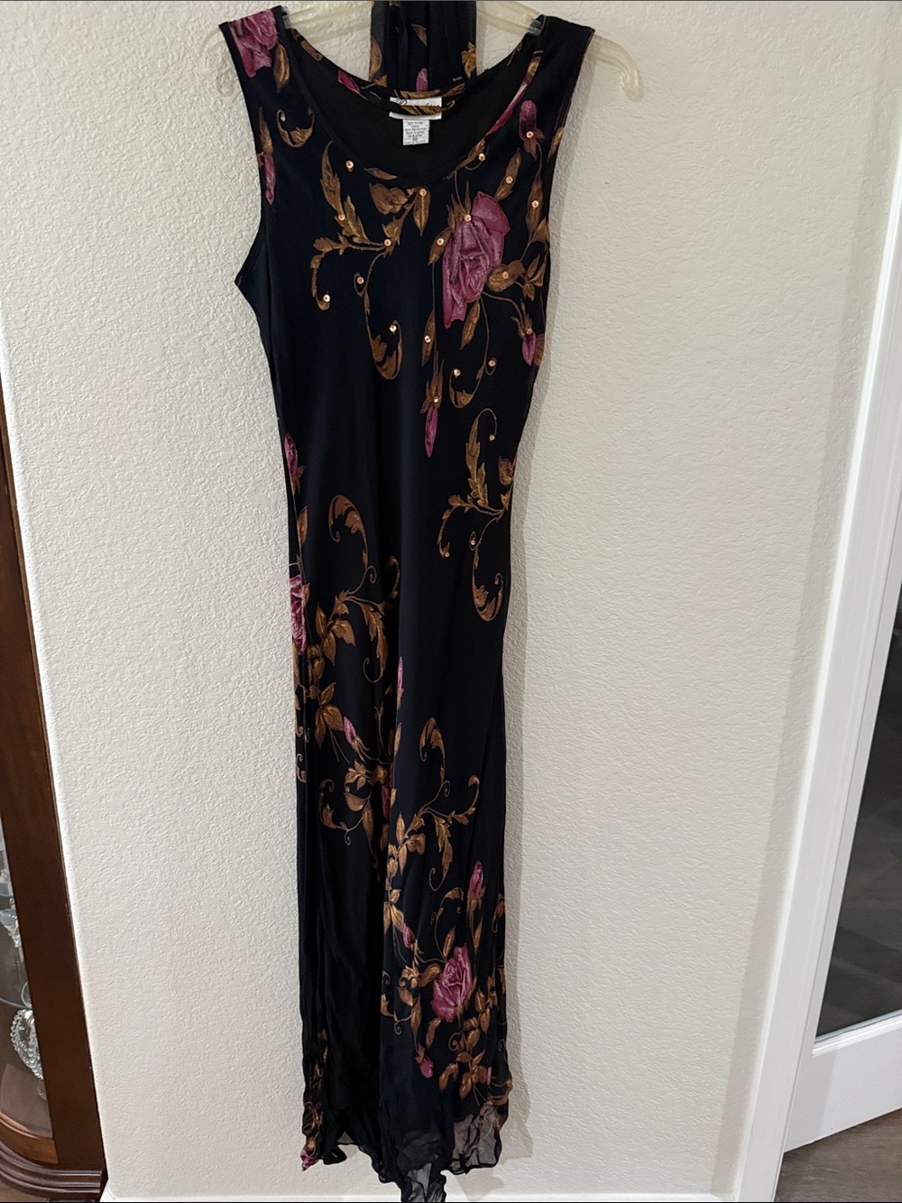Black Sleeveless Floral Maxi Dress with Pink & Gold Scrolls
